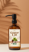 Bottle of Castor Oil with a label on a neutral background
