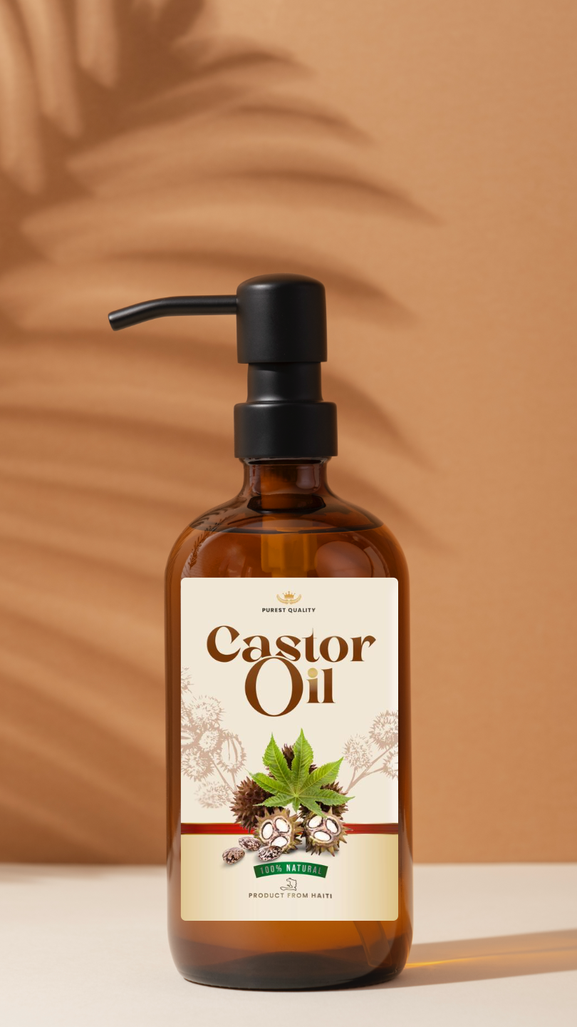 Bottle of Castor Oil with a label on a neutral background